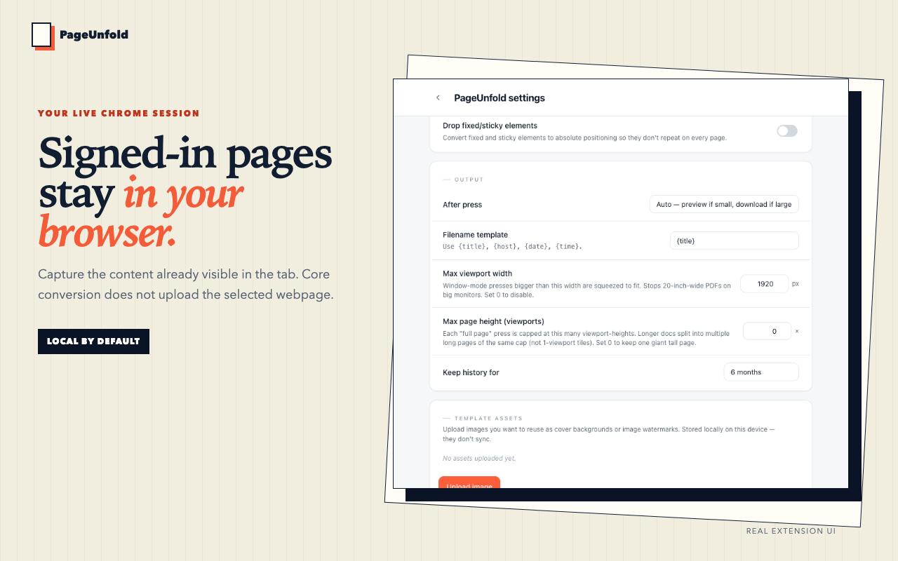 PageUnfold capture of a signed-in style page with local processing