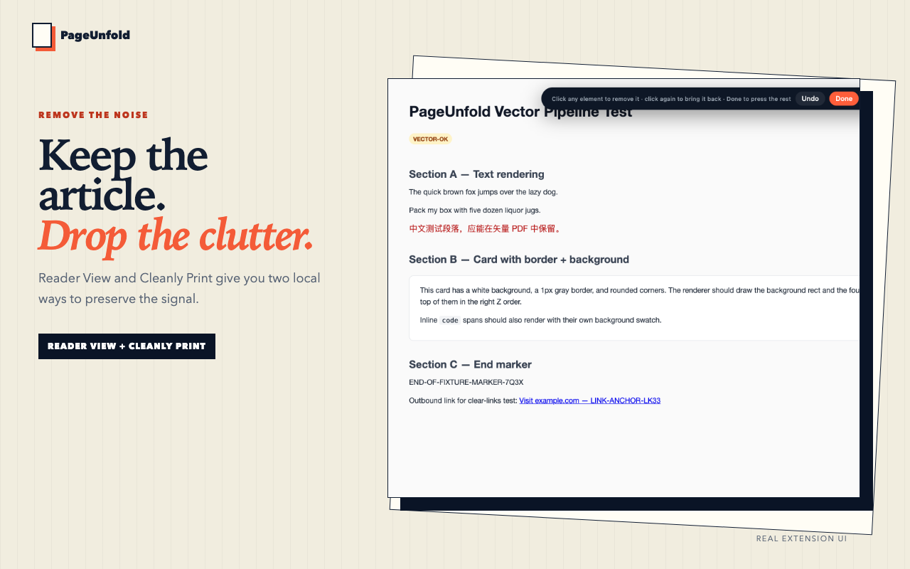 PageUnfold Reader View and Cleanly Print controls